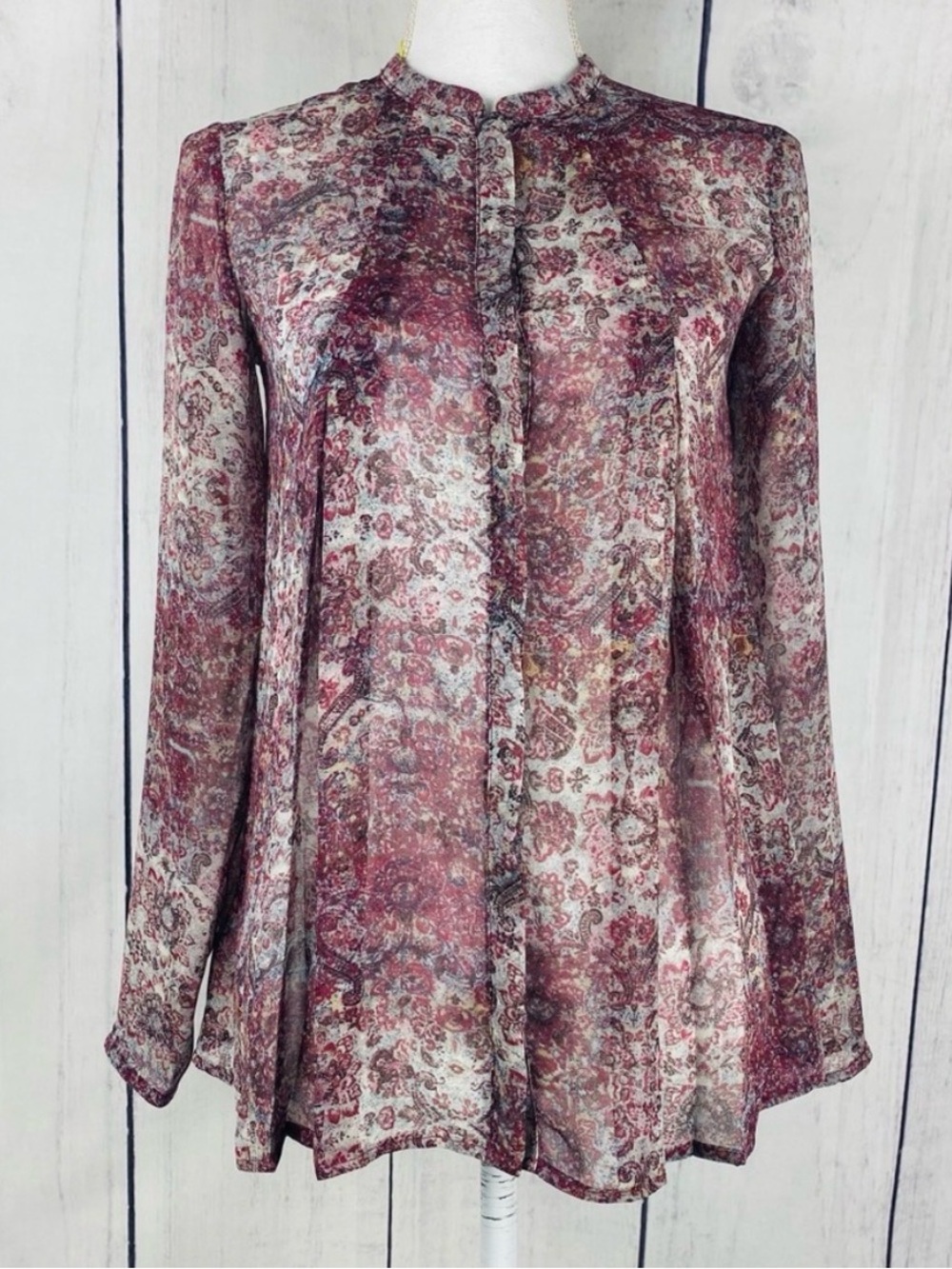 BCBGeneration Burgundy and Cream Paisley Long-Sleeve Blouse